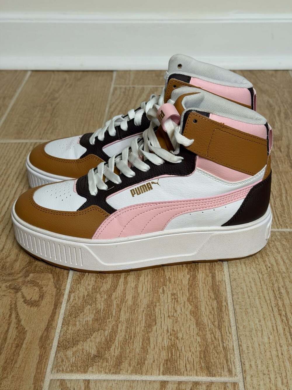 Puma Karmen Mid High Top Platform Sneakers White Blossom Dark Chocolate 6.5